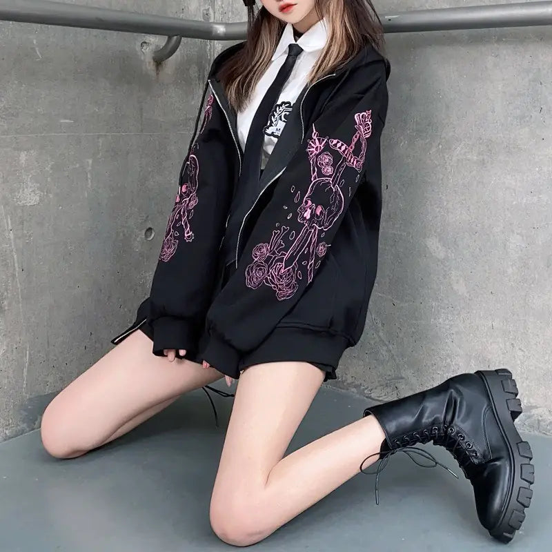 Chic Black Printed Zip Hoodie for Women