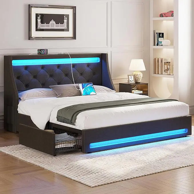 Full Bed Frame with Built-In Charger & LED Lights