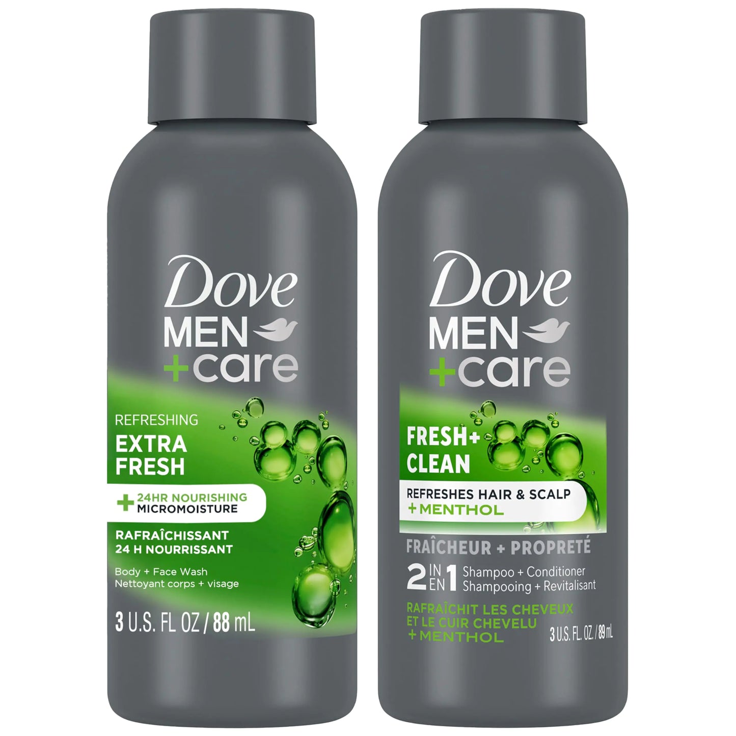 Dove Men+Care Travel Essentials Bundle – Extra Fresh Body & Face Wash & Fresh + Clean 2-in-1 Shampoo 3 Oz Ea