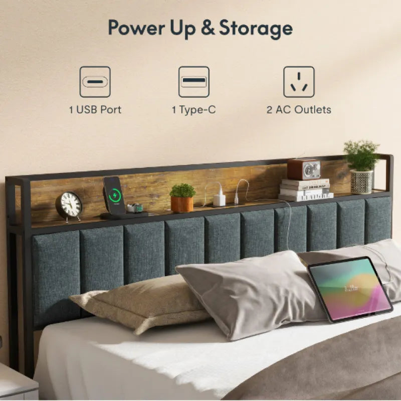 Full Bed Frame with Built-In Charger & LED Lights