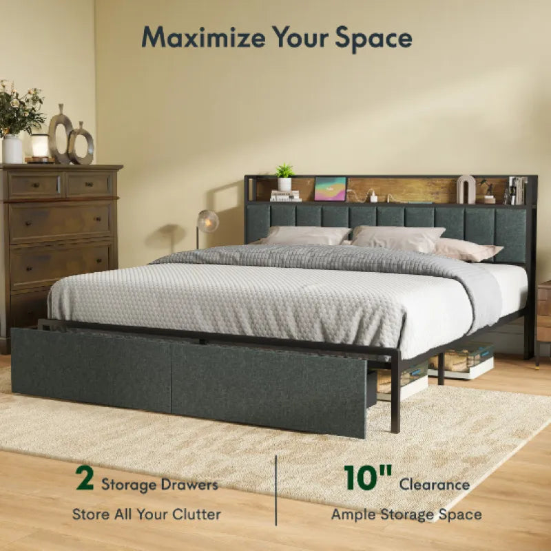 Full Bed Frame with Built-In Charger & LED Lights