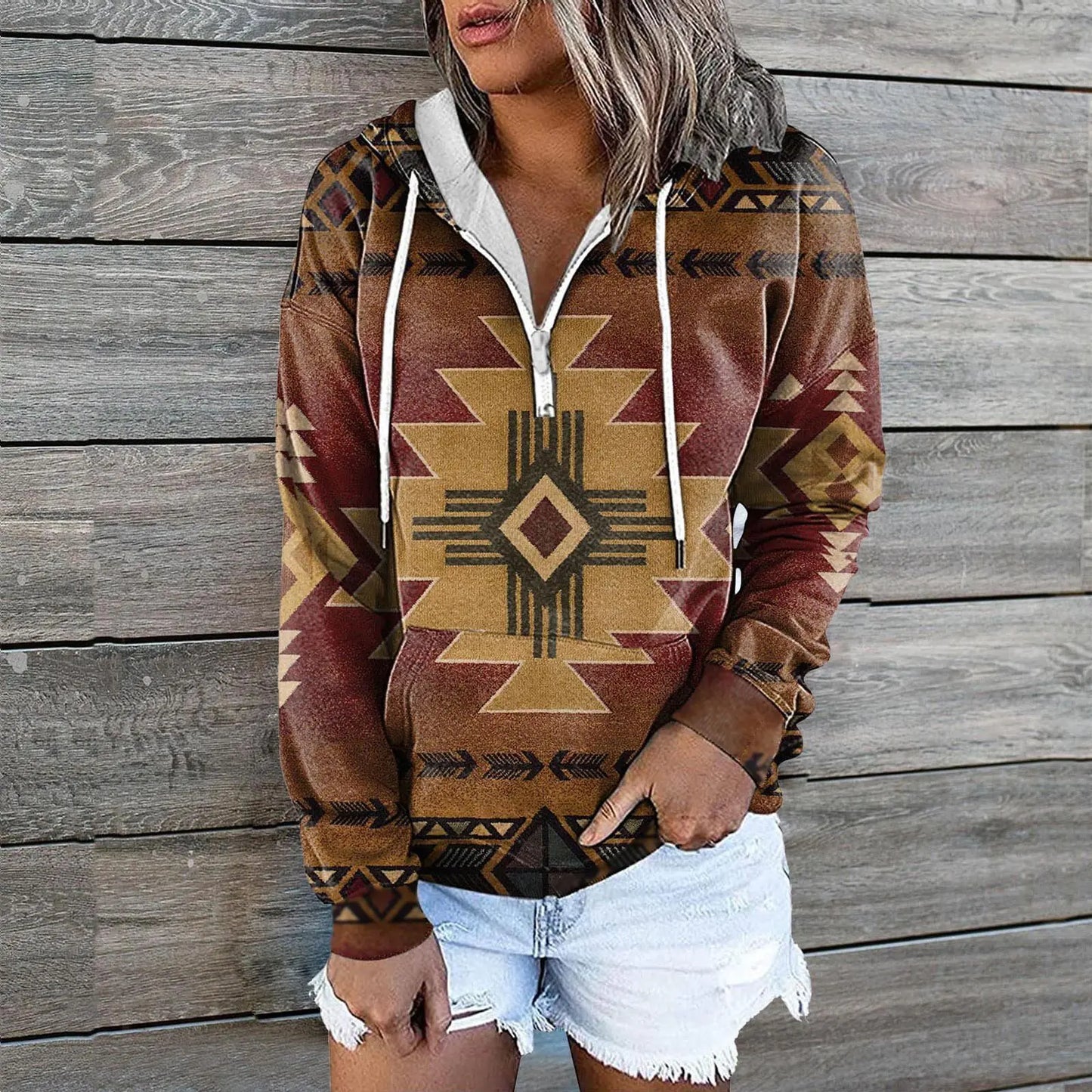 Chic Print Zip Pocket Hoodie