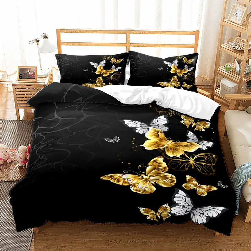 Elegant Black & Gold Butterfly Bedding Set