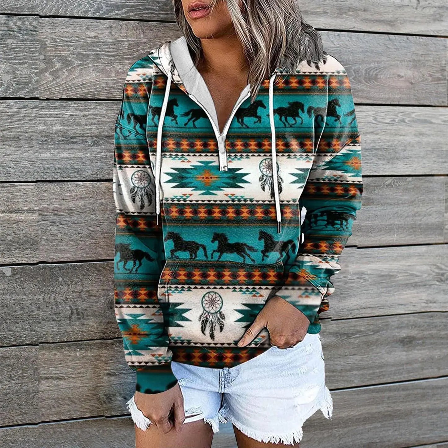 Chic Print Zip Pocket Hoodie