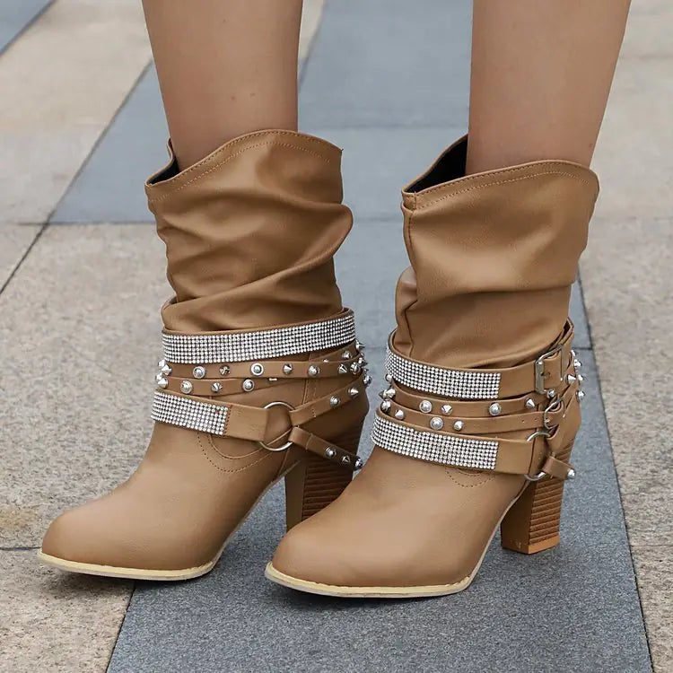 Glam Rhinestone Buckle Leather Boots