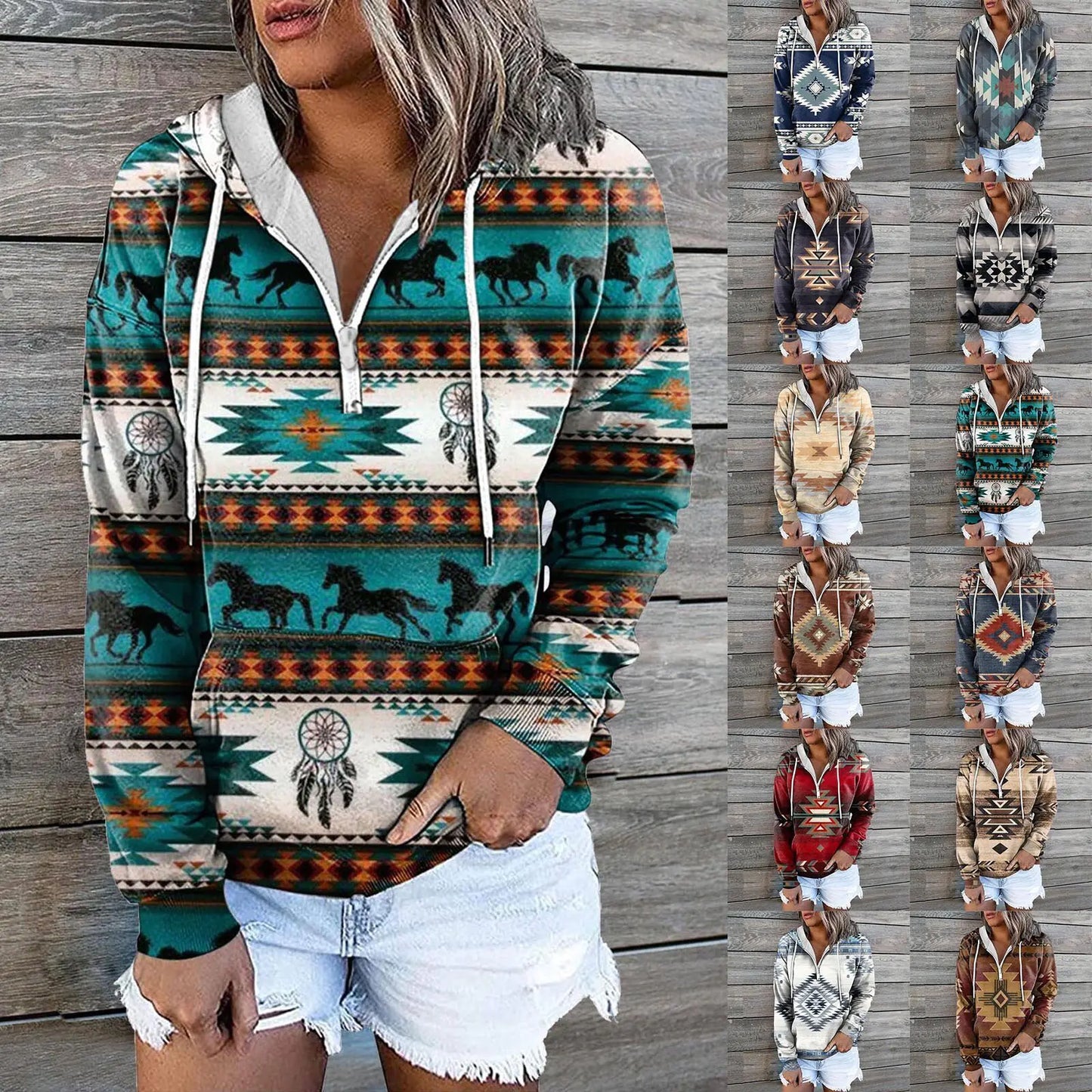 Chic Print Zip Pocket Hoodie