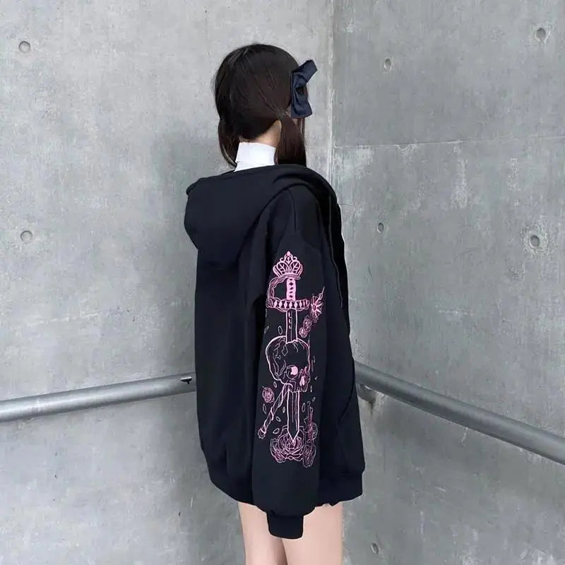Chic Black Printed Zip Hoodie for Women