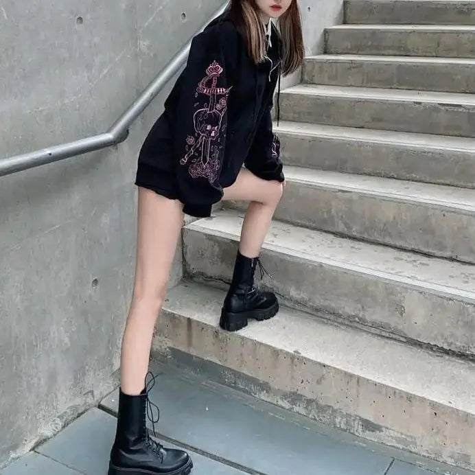 Chic Black Printed Zip Hoodie for Women