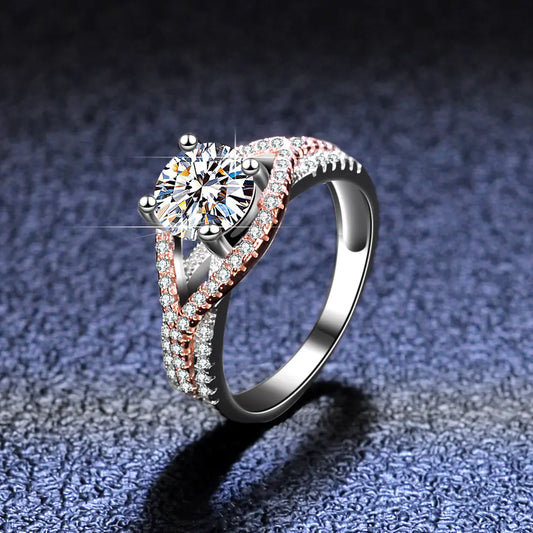 Mosan Diamond Silver Ring with Gold Two-Tone Design