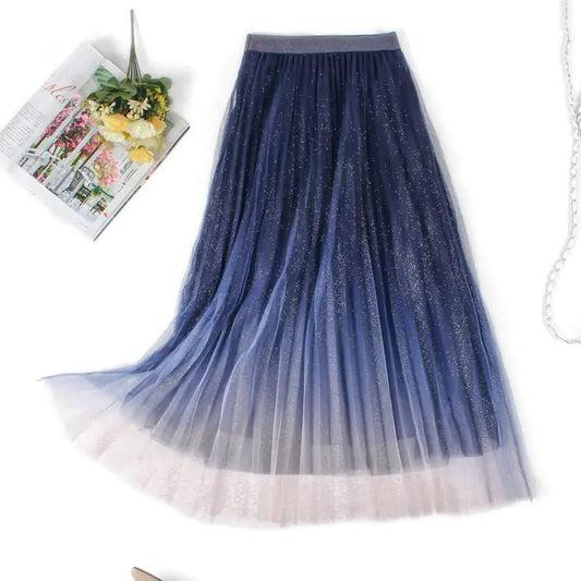 High-Waisted Pleated Skirt with Gradient Mesh Design