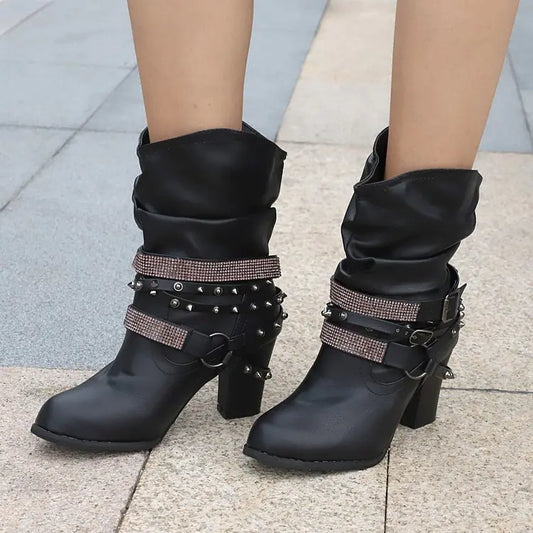 Glam Rhinestone Buckle Leather Boots