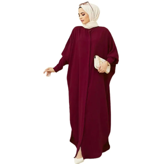 Elegant Red Wine Abaya: Loose Fit Maxi Prayer Dress