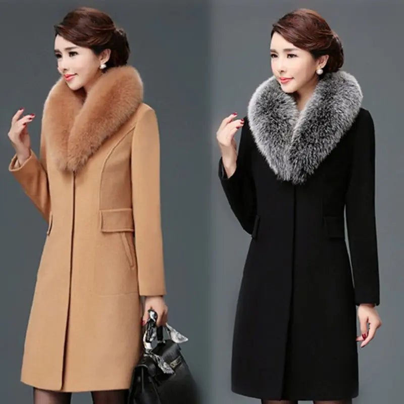 Elegant Fur-Collared Women's Wool Coat