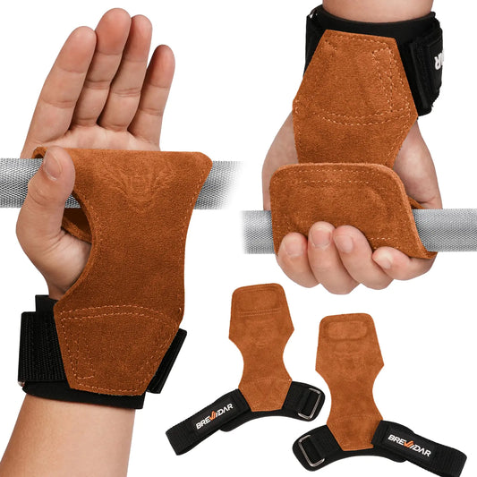 Leather Grip Wrist Straps for Powerlifting - Brown XL