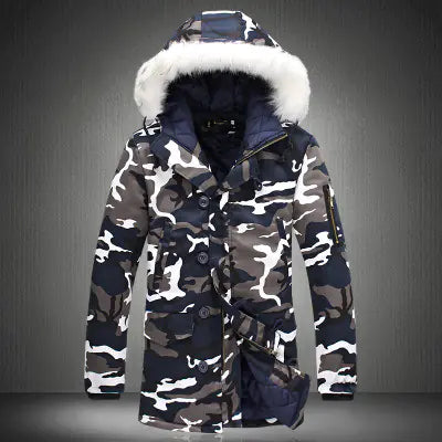 Camouflage Fur-Collared Mid-Length Coat