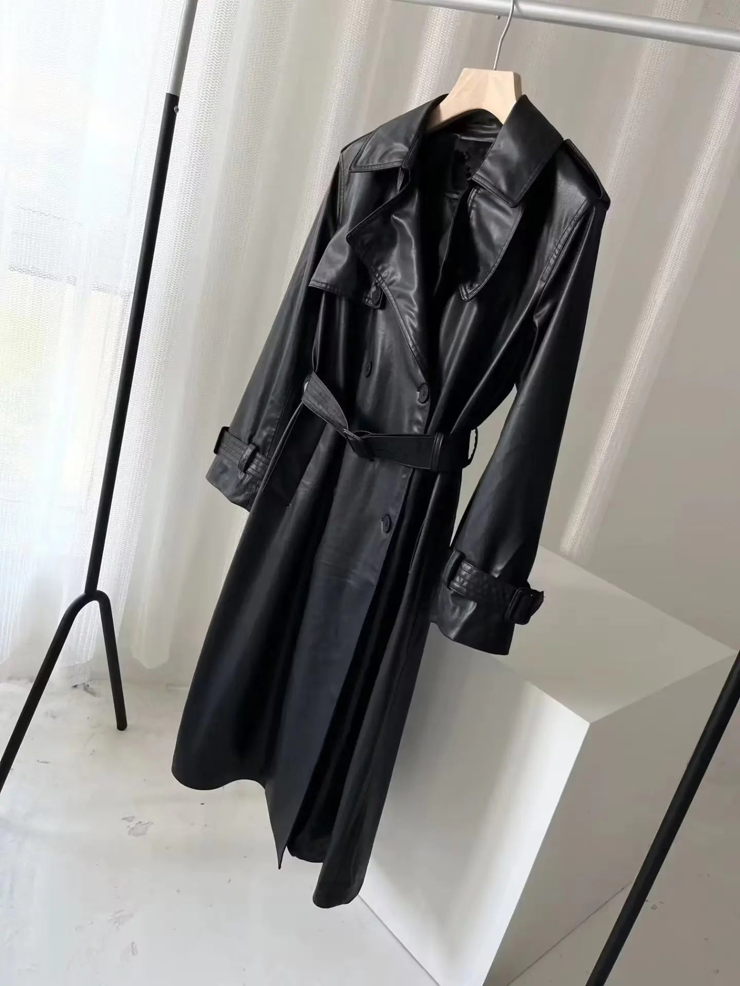 Chic Black Belted Leather Coat