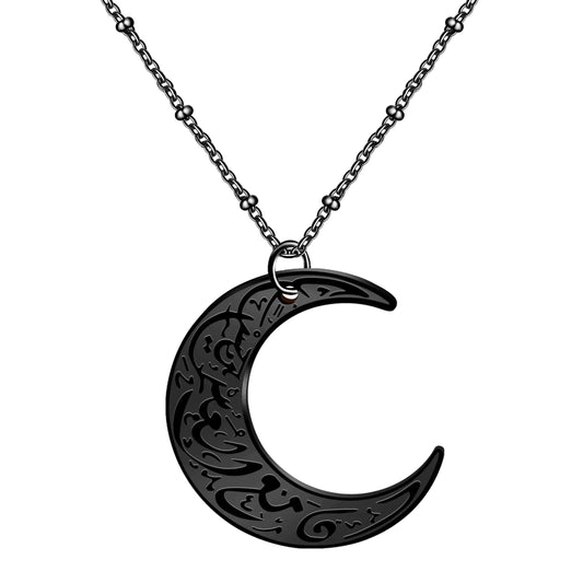 Vivaday Moon Arabic Necklace in Black Stainless Steel - Islamic Pendant Necklaces for Men and Women | Unique Muslim Jewelry Gift YA4979