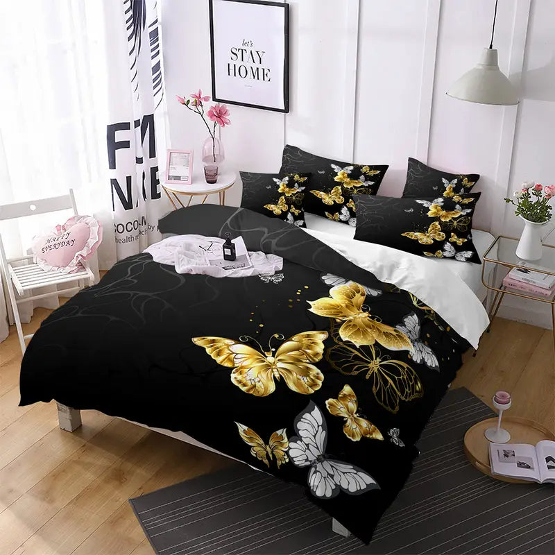 Elegant Black & Gold Butterfly Bedding Set
