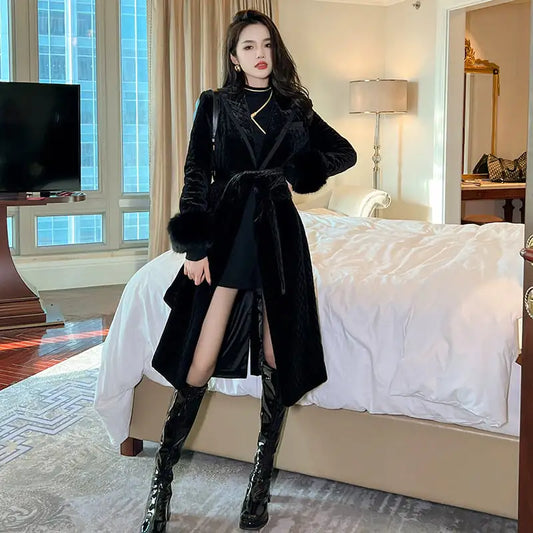 Chic Black Velvet Mid-Length Coat