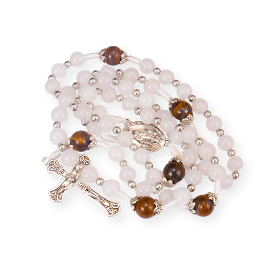 White Jade & Tiger Eye Rosary Beads with Miraculous Medal