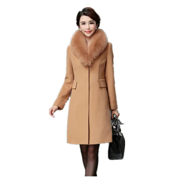 Elegant Fur-Collared Women's Wool Coat