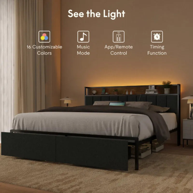 Full Bed Frame with Built-In Charger & LED Lights