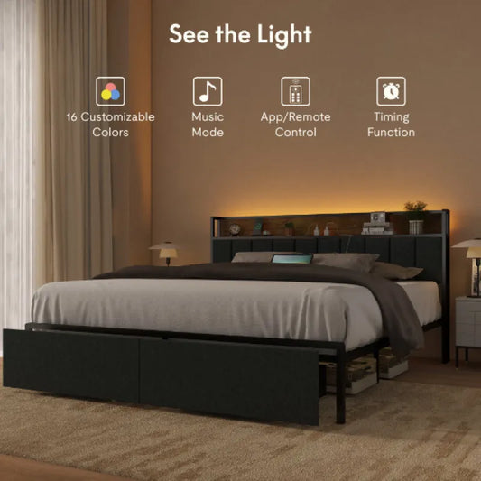 Full Bed Frame with Built-In Charger & LED Lights