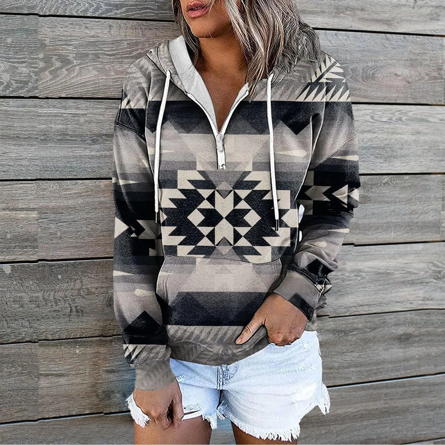 Chic Print Zip Pocket Hoodie