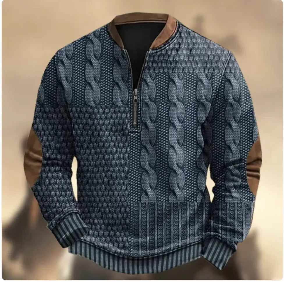 Men's 3D Print Zip-Up Casual Sweater