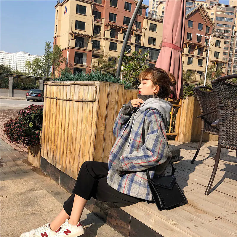 Plush Plaid High-Neck Hoodie