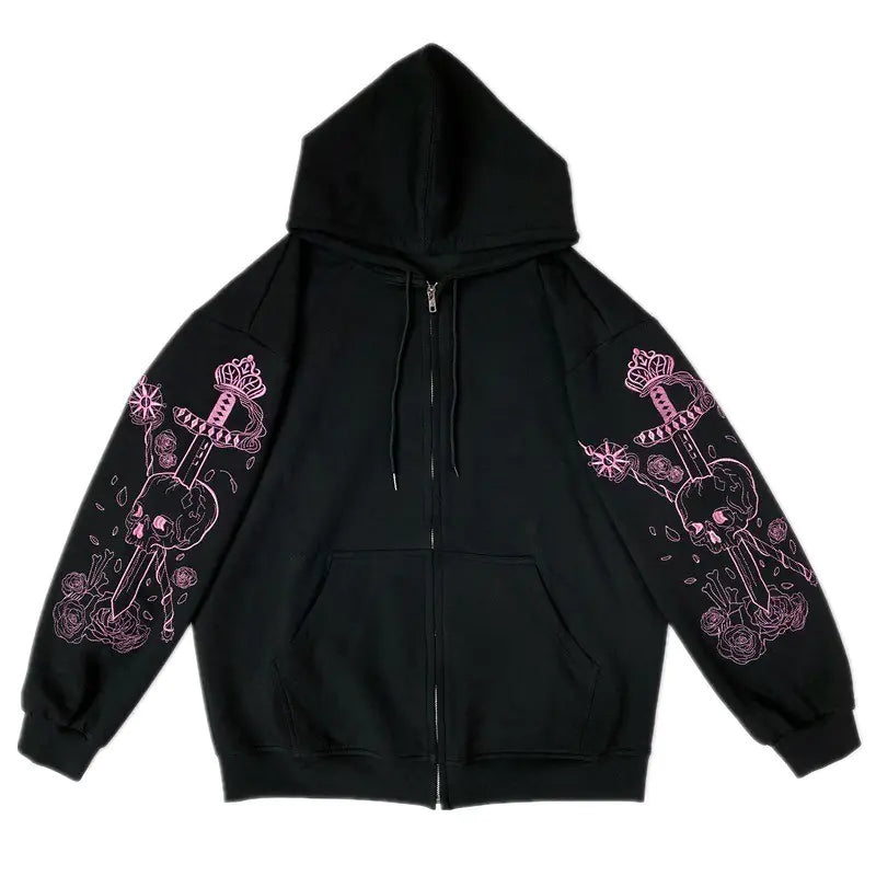 Chic Black Printed Zip Hoodie for Women