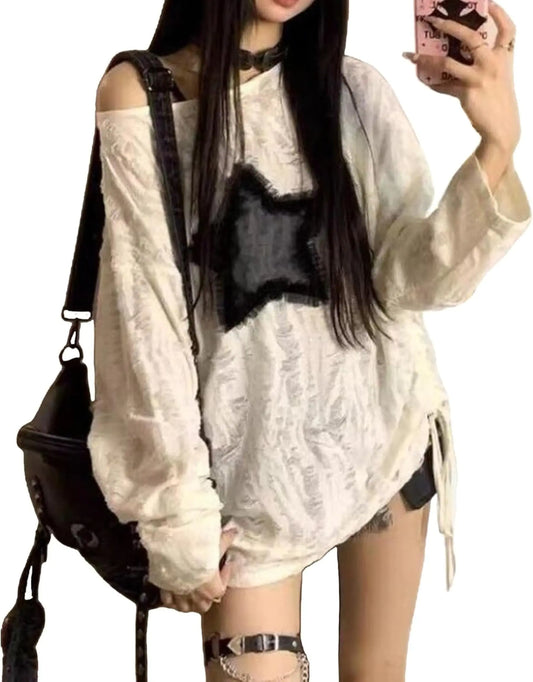 Star Motif Y2K Off-Shoulder Top - White Medium