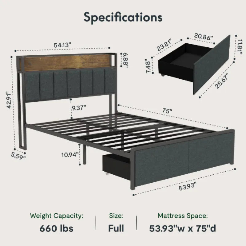 Full Bed Frame with Built-In Charger & LED Lights