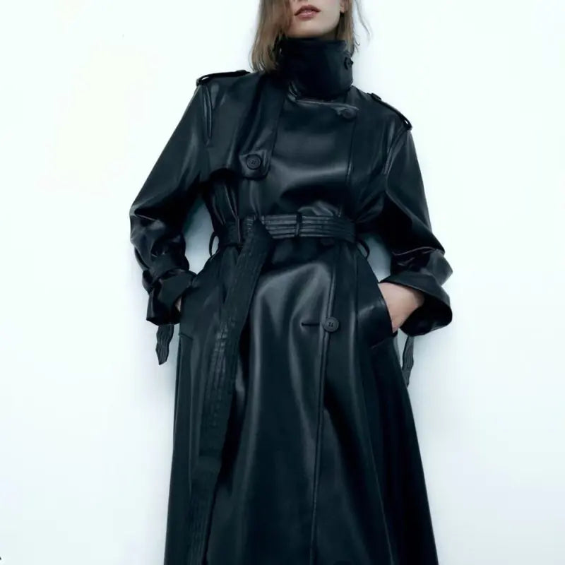 Chic Black Belted Leather Coat
