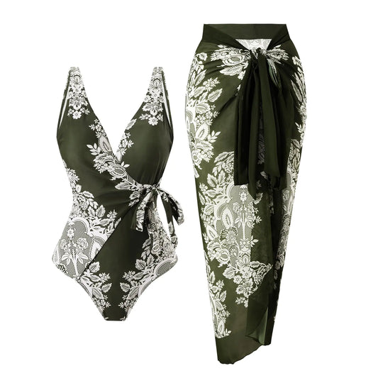Retro Bloom Two-Piece Swimsuits with Cover-Up