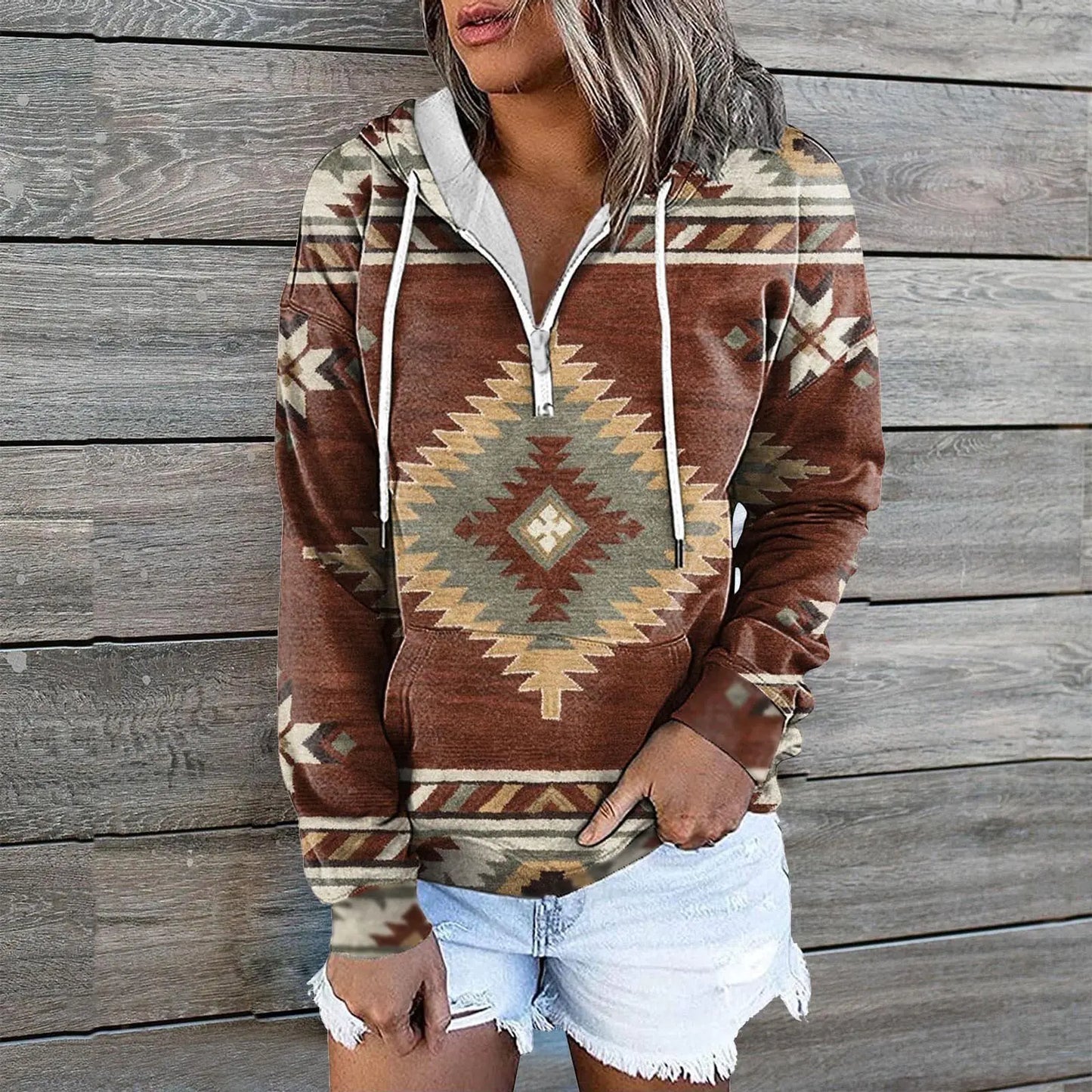 Chic Print Zip Pocket Hoodie