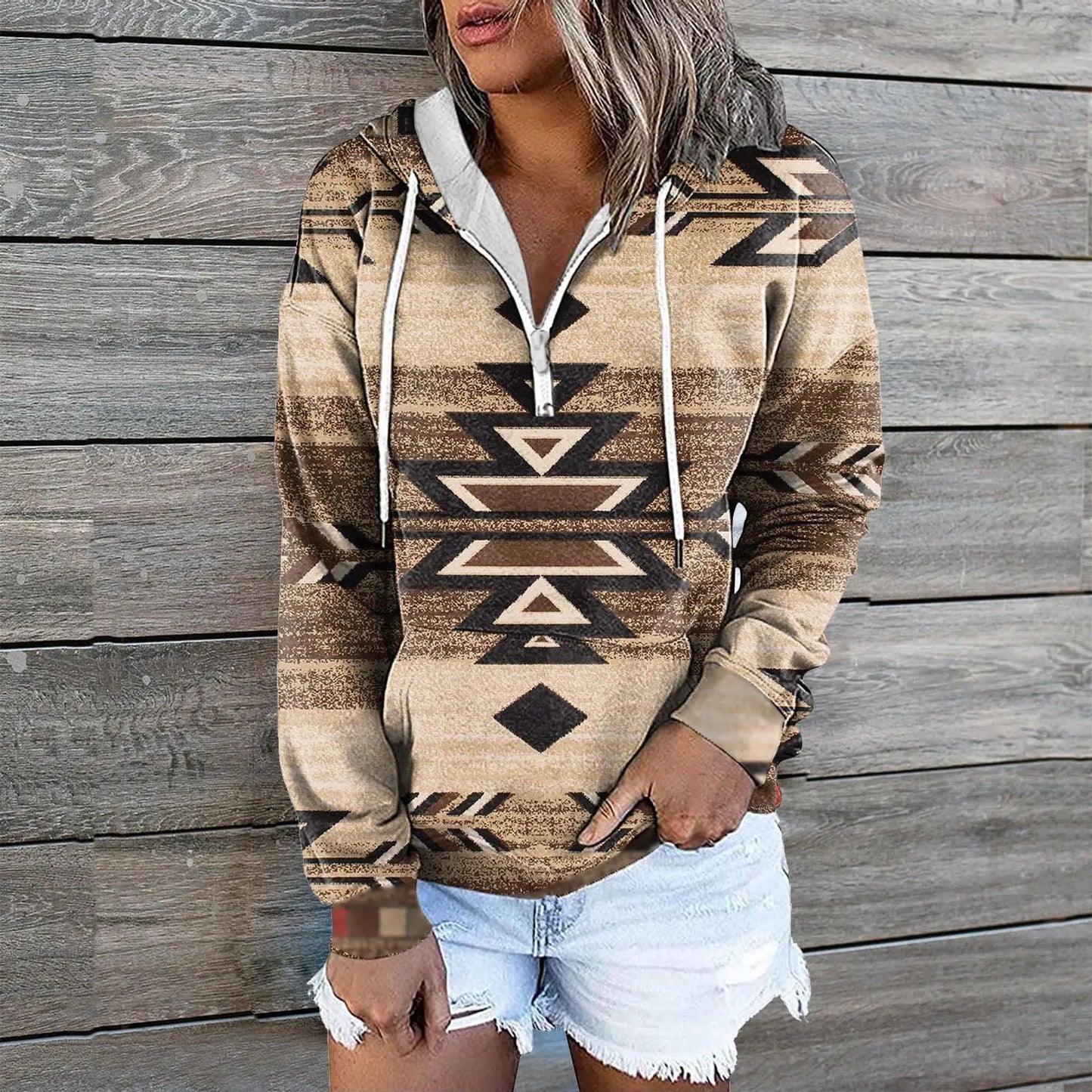 Chic Print Zip Pocket Hoodie