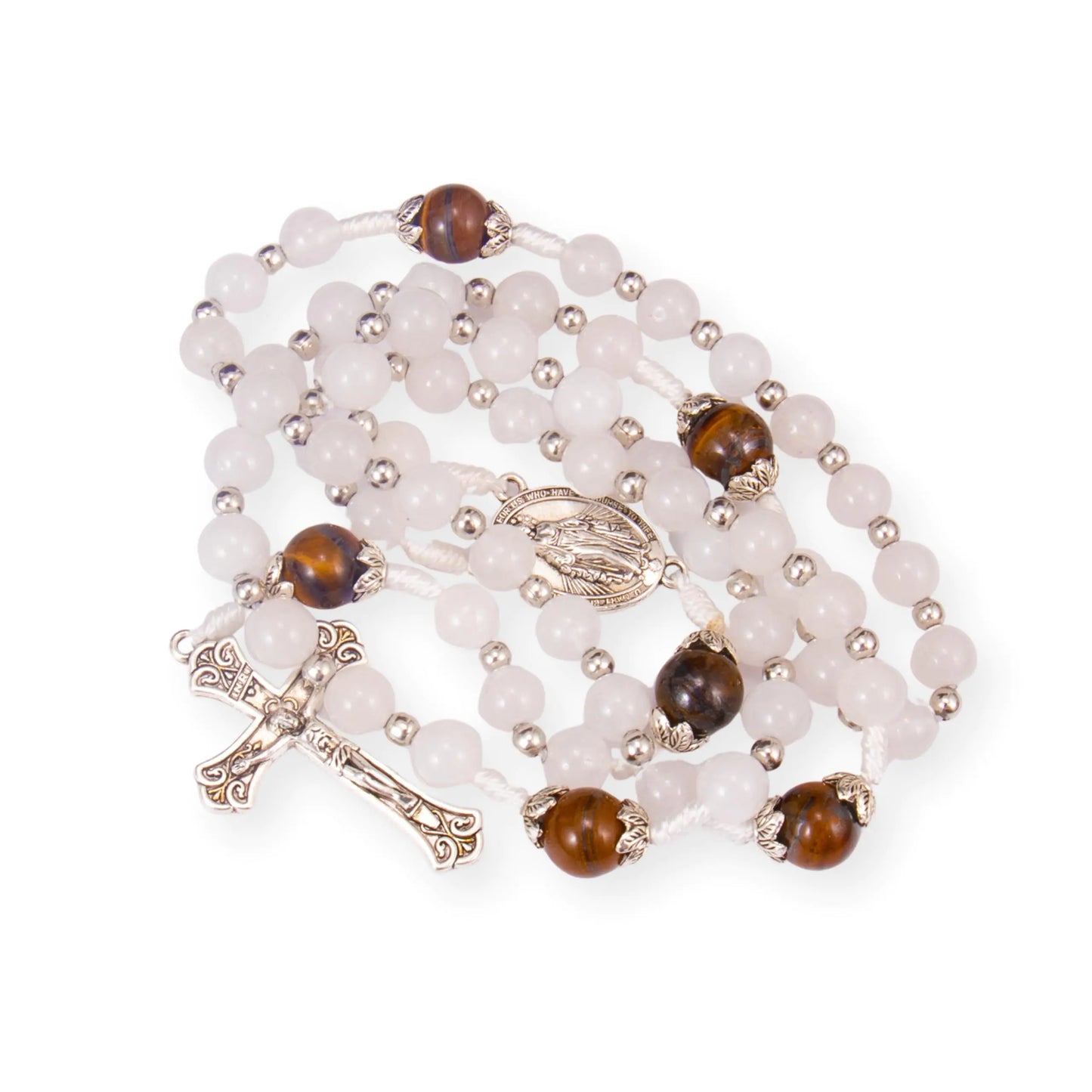 White Jade & Tiger Eye Rosary Beads with Miraculous Medal