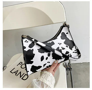Chic Cow Print Baguette Handbag