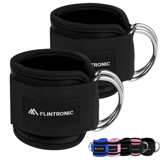 flintronic Ankle Straps for Cable Machine Gym Cuffs with Double Stainless Steel D-Ring Gym Ankle Cuff with Adjustable Neoprene Ve-lcro Muscle Shaping for Men and Women - Black