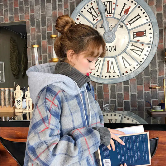 Plush Plaid High-Neck Hoodie