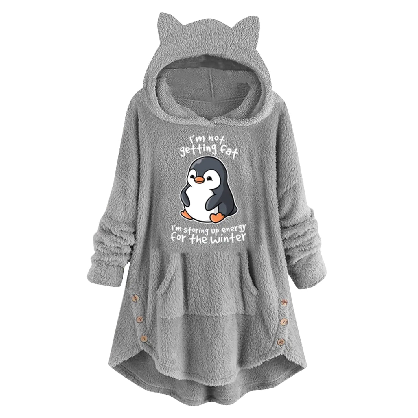 Women's Grey Cat Print Hoodie Sweater - Loose Fit