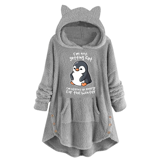 Women's Grey Cat Print Hoodie Sweater - Loose Fit