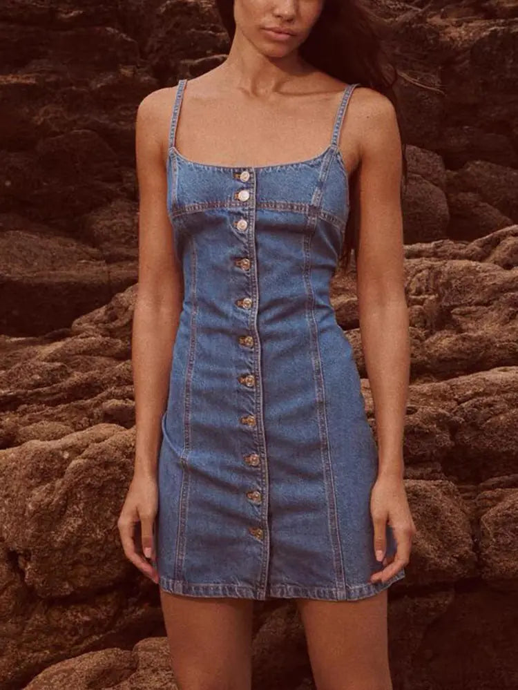 TRAFZA Chic Backless Denim Mini Dress