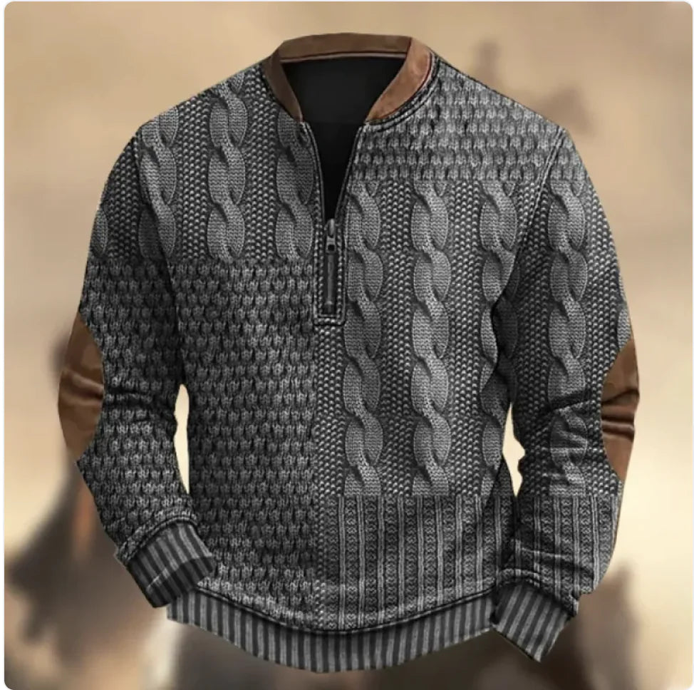 Men's 3D Print Zip-Up Casual Sweater