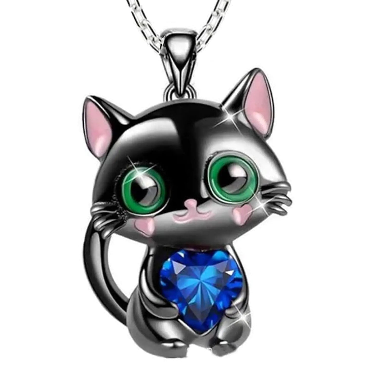 Charming Black Cat Rhinestone Heart Necklace