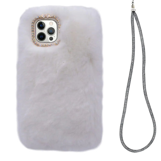 iPhone 14 Pro Max Fluffy Fur Case with Shimmering Lanyard