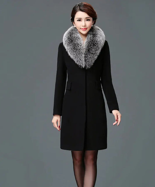 Elegant Fur-Collared Women's Wool Coat