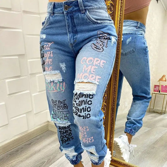 Women's Trendy Blue Ripped Alphabet Jeans