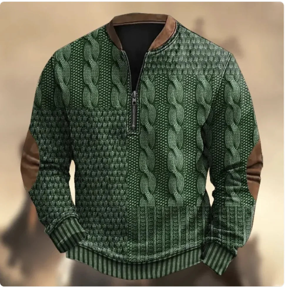 Men's 3D Print Zip-Up Casual Sweater